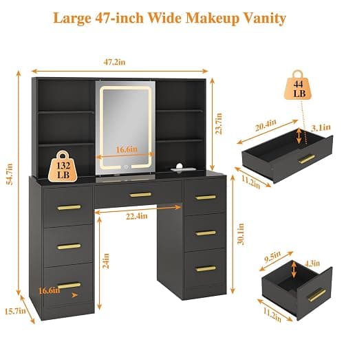 47'' W Large Vanity Desk with Mirror and Lights, 8 Storage Shelves 7 Drawers Vanity Table, Big Makeup Vanity Desk with 3 Lighting Modes, Vanity Dresser with Charging Station, Sliding Mirror (Black) thumbnail 2