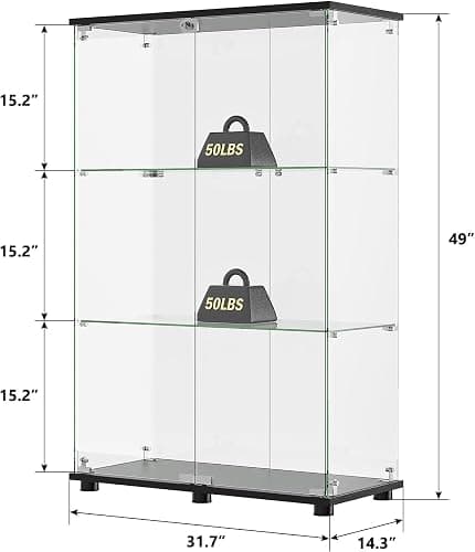 ROOMTEC Glass Display Cabinet with 3 Shelves,Double Doors, Floor Standing Display Cage, for Living Room Bedroom Office, 49.49 x 31.77 x 14.37 in, Black - 3 Shelf Double Door thumbnail 2