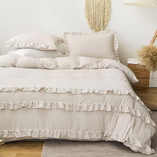 CCoutueChen Beige Ruffle Duvet Cover Twin 2Pcs Ruffled Duvet Cover Set Cottagecore Frilly Bedding Set 100% Washed Microfiber Shabby Chic Farmhouse Bedding with 1 Pillowcase(No Comforter) thumbnail 3