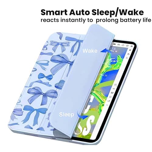 KFQDC for iPad A16 11 Inch 2025 /for iPad 10th Generation 10.9 Inch 2022 Cute iPad Case with Pencil Holder-[Auto Wake/Sleep], Trifold Stand Soft TPU Protective Cover, Blue Bows thumbnail 4