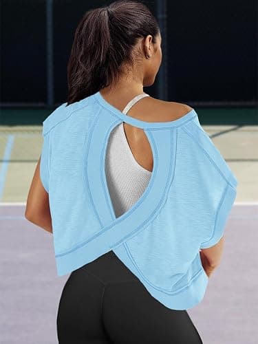 Panadila Womens Open Back Workout Top Oversized Workout T Shirts Backless Athletic Shirt Short Sleeve Baby Tee thumbnail 4