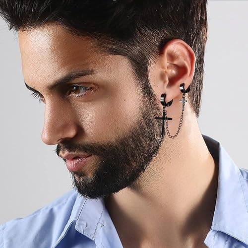 16 Pairs Stainless Steel Punk Y2K Black Dangle Earrings for Men, Axe Skull Screw Cone etc Huggie Hoop Long Chain Piercing Hoop Earrings Set for Unisex Earrings for Women thumbnail 5