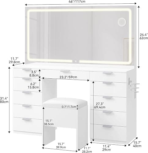 YITAHOME 46" Vanity Table with LED Lighted Mirror, Makeup Desk with 11 Drawers, Cushioned Storage Stool, Vanity Set with Power Outlet & Magnifying Mirror thumbnail 2