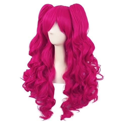 MapofBeauty Lolita Long Curly 2 Ponytails Clip on Cosplay Wig, Hot Pink | Wig 28 Inch/70 cm, Ponytail: 20 Inch/52 cm thumbnail 2
