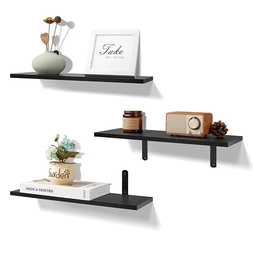 upsimples Floating Shelves for Wall Decor Storage, Wall Mounted Shelves Set of 3, Sturdy Small Wood Shelves with Metal Brackets Hanging for Bedroom, Living Room, Bathroom, Kitchen, Book, Black - Image 1