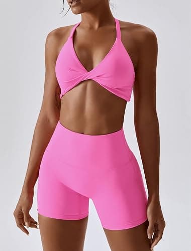 ABOCIW Workout Sets for Women 2 Piece Twist Front Halter Sports Bras High Waist Biker Shorts Exercise Gym Yoga Outfit thumbnail 3