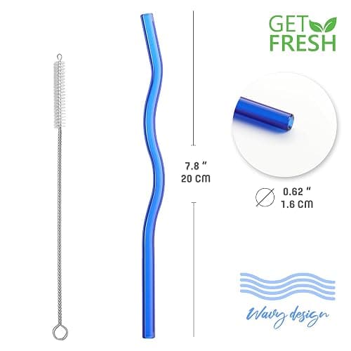 GET FRESH Reusable Wavy Glass Drinking Straws Set - 6pcs Colored Straws from Borosilicate Shatter Resistant Glass - Coloured Dishwasher Safe Wavy Cocktail Straws thumbnail 3