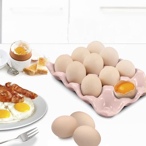 Flexzion Ceramic 12 Cups Egg Tray - Whole Dozen Porcelain Egg Holder Container Keeper Storage Organizer Decorative Serving Stand Serveware for Refrigerator Fridge Countertop Display Kitchen (Pink) thumbnail 2