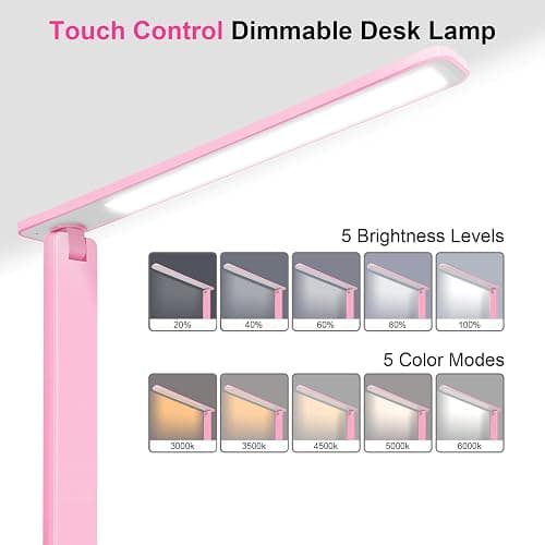 White crown LED Desk Lamp Dimmable Table Lamp Reading Lamp with USB Charging Port, 5 Lighting Modes, Sensitive Control, 30/60 Minutes Timer (Pink, First-Generation) thumbnail 2