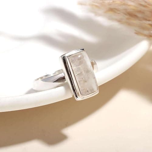 925 Sterling Silver Rings for Women Moonstone Ring Rainbow Rectangular Ring Solitaire Gemstone Statement Rings thumbnail 6