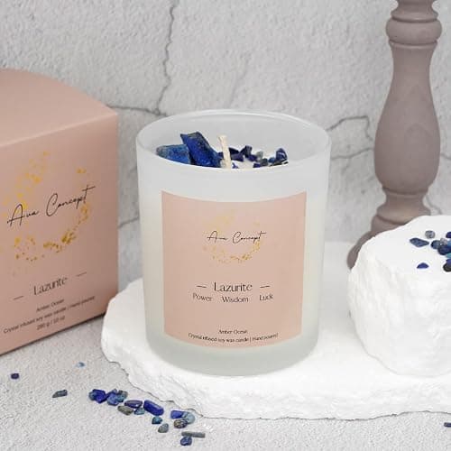 Ava Concept Lazurite Crystal Candle – 10oz / 280g | Amber Ocean Aromatherapy | Hand-Poured Soy Wax | Genuine Lapis Lazuli Healing Crystals Embedded | Power, Wisdom & Luck | Gift Box Included thumbnail 5