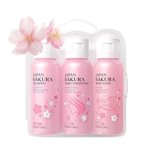Travel Size Sakura Mini Bath & Hair Care Set for Women - 3pcs Kit with Shampoo, Conditioner, Body Wash | Hydrating, Smooth, Shiny Hair & Skin | Natural Vitamin C Infused - Image 1