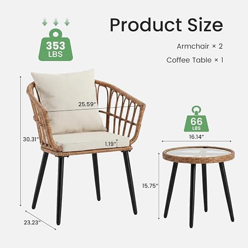 DUMOS 3 Pieces Outdoor Bistro Set, All-Weather PE Rattan Patio Furniture Set with Cushions, Steel Frame Table and Chairs for Balcony, Apartment, Porch, Beige thumbnail 3