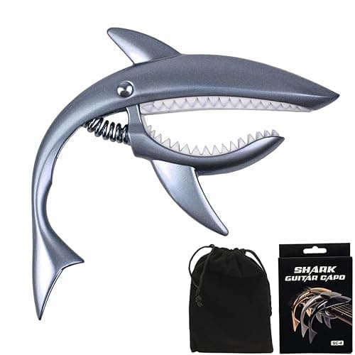 UPELLA Shark Guitar Capo With Velvet Bag, Premium Zinc Alloy Tone Clip Guitar Shark Capo for Acoustic Electric Folk Guitar, Mandolin, Bass, Ukulele (Chrome Silvery) - Image 1