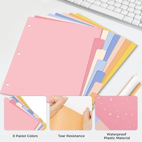 SUNEE 8 Tab Binder Dividers,Plastic Dividers for 3 Ring Binder,3 Ring Binder Dividers with Tabs for School Office Home Supplies,Pastel Color, 1 Set - 1 thumbnail 5