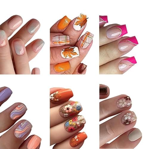 6 Packs (144 Pcs) Press on Nails Short Square Fake Nails Flower False Nails with Designs Spring Summer Floral Glue on Nails Full Cover Glossy Acrylic Stick on Nail for Women Manicure - Image 1