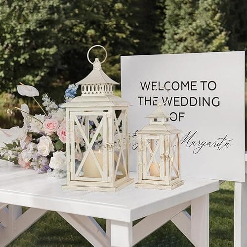 Lanterns Decorative Outdoor&Indoor, Set of 2 (14"&10") Beige Metal Lantern Decor with Glass, Candle Holder for Porch, Patio, Garden, Balcony, Wedding, Table Centerpiece thumbnail 5