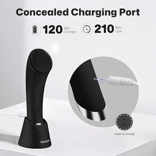 PRITECH Facial Cleansing Brush, Rechargeable Silicone Face Scrubber with Heat Massage End, Vibrating Exfoliator Scrubber for Deep Cleaning, Waterproof Face Brush for Women and Men (Black) thumbnail 8