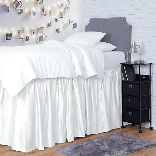 Shreem Linen Dorm Bed Skirt Twin XL 34 Inch Drop, 100% Microfiber Extra Long Bedskirt, White Dorm Essentials for Girl - Image 1