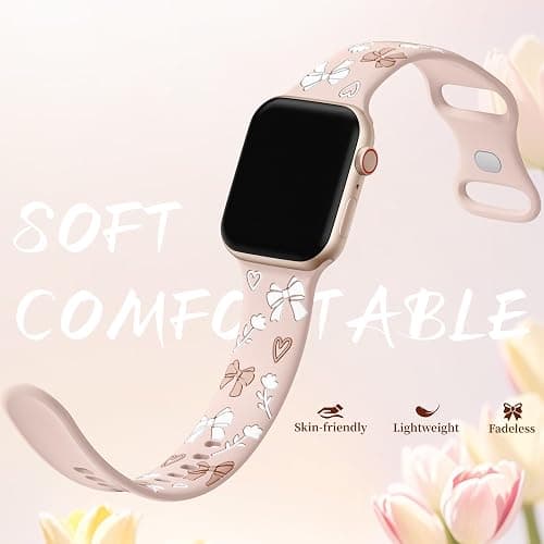 Lerobo Floral Band Compatible with Apple Watch Bands for Women 40mm 41mm 38mm 42mm 44mm 45mm 46mm 49mm, Engraved Cute Bow Soft Silicone Sport Strap for iWatch Series 11 10 9 8 7 6 5 4 3 2 1 SE Ultra thumbnail 3