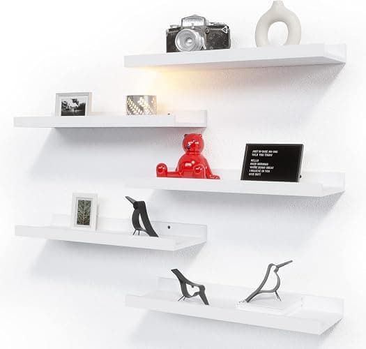 RICHER HOUSE 5 Set White Floating Shelves, Wall Mounted Shelves for Wall Decor, Modern Picture Ledge Shelf with Lip for Storage Nursery, Bedroom, Living Room, Bathroom - White - Image 1