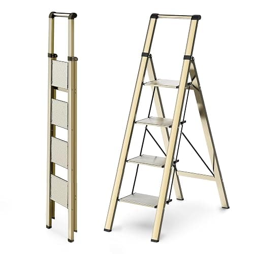 WOA WOA 4 Step Ladders for Home, 300lbs Load, 37'' Top Step, Gold | 9ft Reach; For Closets, Kitchens; Anti-Slip Feet Suit Wood, Tile, Carpet; Rigid Aluminum Pedals; Handrail Adds Balance. - Image 1