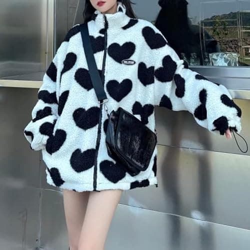 Sumleno Women's Fleece Sherpa Jackets Reversible Kawaii Heart Print Fuzzy Zip Up Cutecore Coats Aesthetic Y2k Gyaru Clothes thumbnail 3