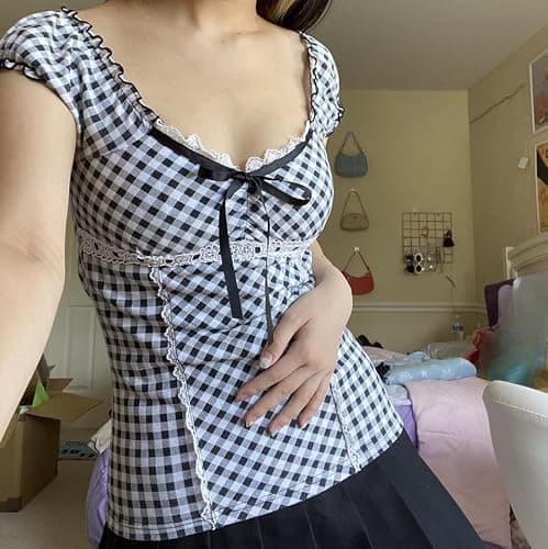 Women Fairy Grunge Y2K Shirts Summer Short Sleeve Lace Patchwork Tee Tops Vinatge E-Girls Aesthetic Clothes thumbnail 3