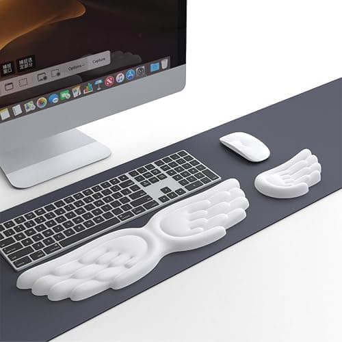 Angel Wing Wrist Rest Ergonomic Memory Foam Wrist Rest for Computer Keyboard Mouse Set, Cute Gaming Keyboard Cushion Hand Support PU Leather Surface Anti-Slip Waterproof White Angel Wing - Image 1