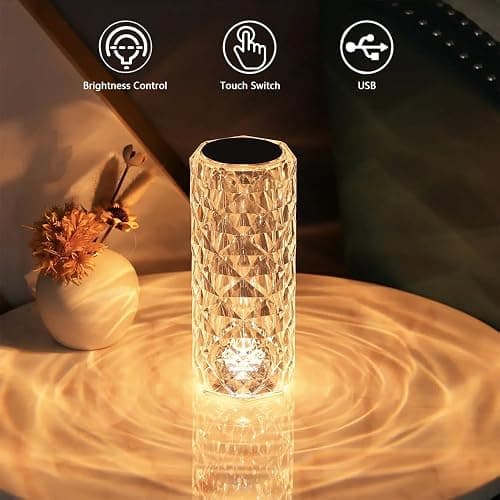 Portable Crystal Table Lamp, 3-Color Touch Control Rechargeable Night Light, Bedside & Desk Lamp for Bedroom, Living Room, Kitchen & Dining Room (3-Color Rose) thumbnail 3