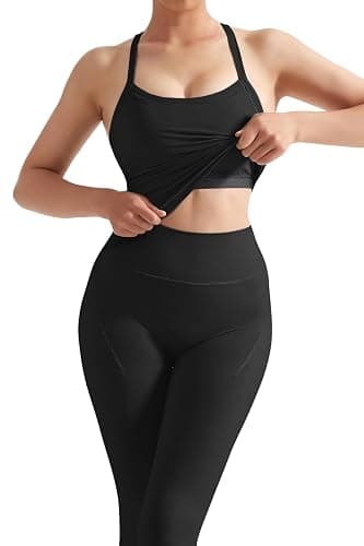 SUUKSESS Women 2 Piece Workout Sets Compression Tummy Control Leggings with Pockets Halter Built in Bra Tank Tops thumbnail 4