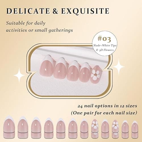 Nude Pink French Press on Nails Short Almond with 3D Flower Design, White French Tip Glossy Press Glue on Nails for Women with Kit, Reusable Soft Gel Stick on Cute Fake Nail with Designs Perfectly Fit thumbnail 5