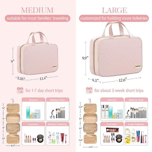 HOTOR Travel Toiletry Bag - Hanging Toiletry Bag for Women & Men, Makeup Bag/Big Comparment, Waterproof for Travel Accessories, Travel Essentials, Medium, Pale Pink thumbnail 3
