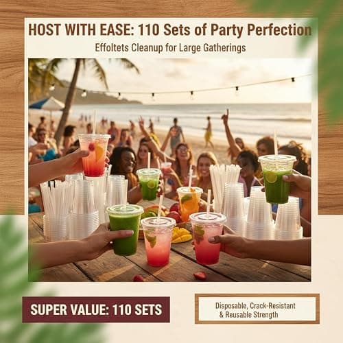 Voatree 110 Pack 16 oz Plastic Cups with Lids and Straws,Sturdy Disposable Iced Coffee Cups with Lids,Clear To Go Cups For Smoothie,Cold Drinks thumbnail 6