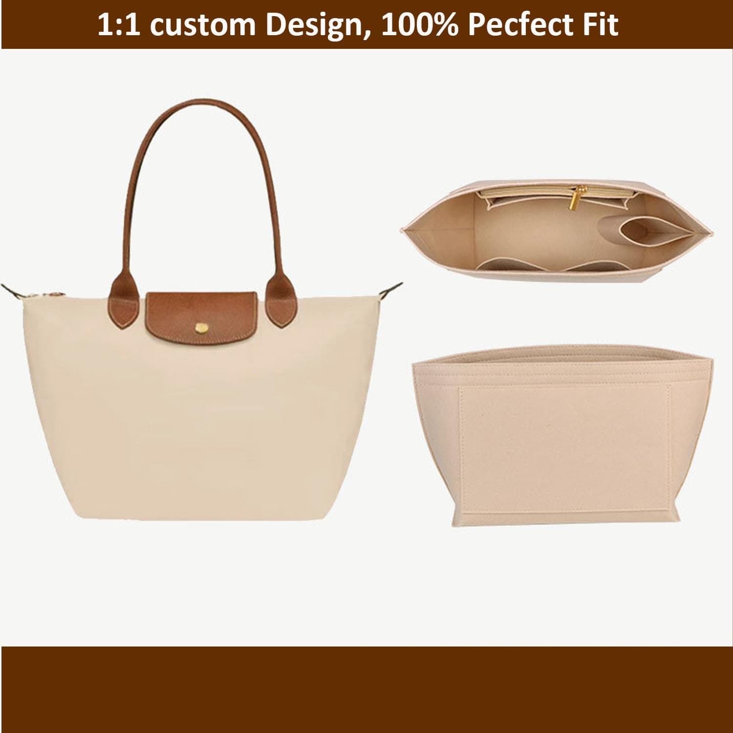 Longchmp Bag Organiser, Purse Bag Insert Organiser for Longchmp le pliage Large Tote Handbags, Premium Felt Organizer for Long Chap Tote Handbag Women with 8 Compartments (Beige, L) thumbnail 7