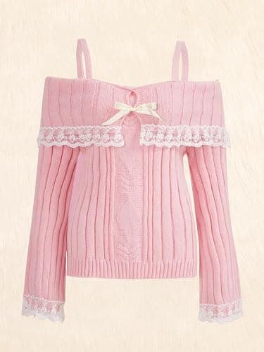 Women Y2K Off Shoulder Sweater Long Sleeve Lace Trim Open Back Straps Knitted Top Cute Pullover Jumper Crop Tops Shirt thumbnail 6