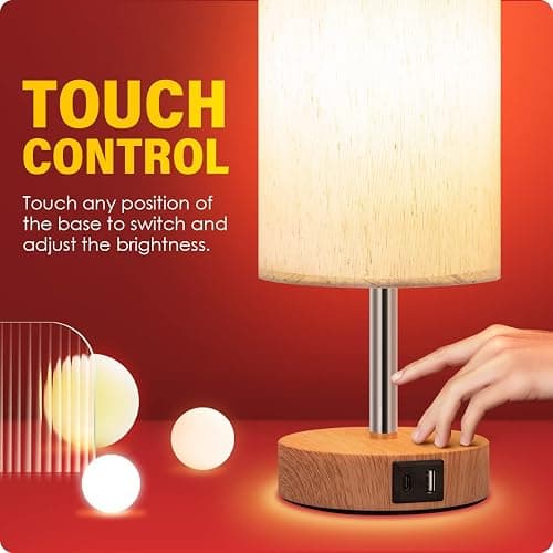 Yarra-Decor Bedside Lamp with USB A+C Port - Touch Control Table Lamp for Bedroom Wood 3 Way Dimmable Nightstand Lamp with Round Flaxen Fabric Shade for Home Office (LED Bulb Included) thumbnail 4