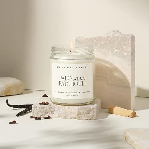Sweet Water Decor Palo Santo Patchouli Candle - Soy Clove, Vanilla, Patchouli, Cedarwood Scented Spa Candles for Home -9oz Clear Jar + Gold Lid, 40+ Hour Burn Time, Made in The USA thumbnail 5