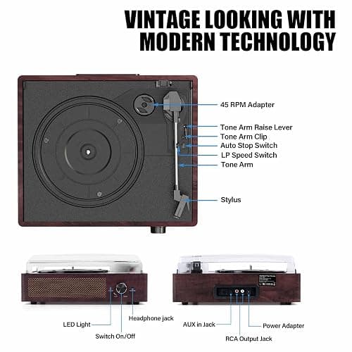 Vinyl Record Player Turntable with Built-in Bluetooth Receiver & 2 Stereo Speakers, 3 Speed 3 Size Portable Retro Record Player for Entertainment and Home Decoration thumbnail 2