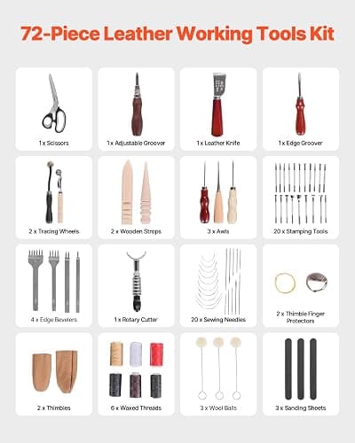 VEVOR Leather Working Tools Kit, 72 PCS with Portable Leather Storage Bag, Engraving Punching Sewing Stamping Sanding Tools, Ideal for Beginners DIY Enthusiasts and Professionals thumbnail 2