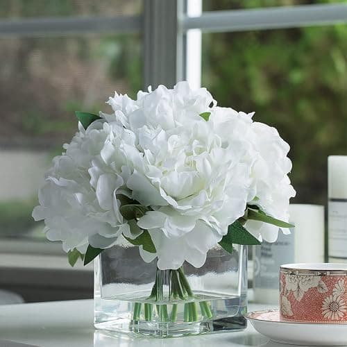 ENOVA FLORAL 7 Heads Peonies Artificial Flowers in Vase, Small Fake Silk Flowers with Vase, Artificial Floral Arrangements with Vase for Dining Table (White) thumbnail 2