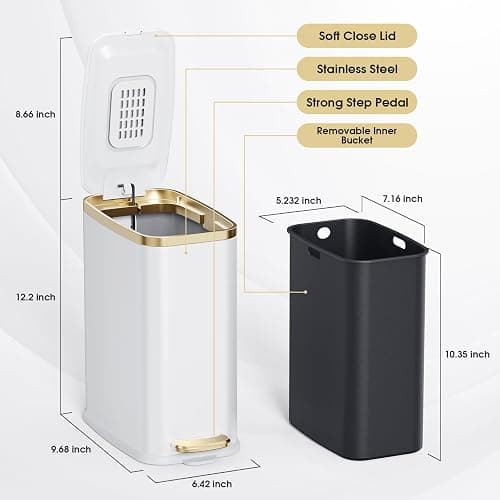 CEROELDA Small Bathroom Trash Can with Lid Soft Close-5L/1.3 Gal Slim Garbage Can-Metal Step Wastebasket-Rectangle Narrow Waste Bin for Office, Bedroom, Toilet, Live Room-White - A-White - 1.3 Gallon thumbnail 5