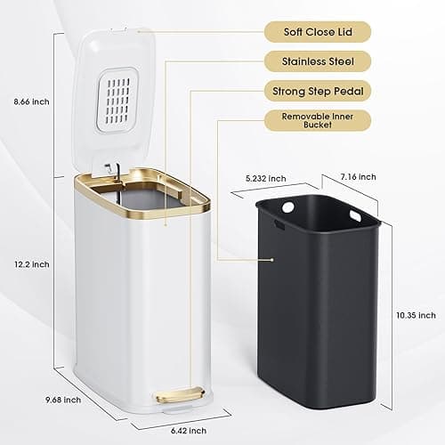 CEROELDA Small Bathroom Trash Can with Lid Soft Close-5L/1.3 Gal Slim Garbage Can-Metal Step Wastebasket-Rectangle Narrow Waste Bin for Office, Bedroom, Toilet, Live Room-White thumbnail 6