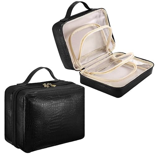ZQQZAN Travel Makeup Bag - Large Capacity Cosmetic Bag with Makeup Brush Bag, Leather Makeup Travel Case Open Flat Makeup Case, Cute Makeup Organizer Bag for Women Girls, Black thumbnail 2