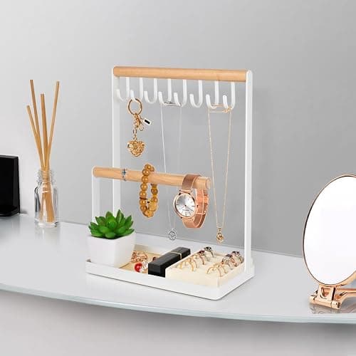 PAMANO Jewelry Stand Organizer with Velvet Ring Holder, 3-Tier Necklace Hanging Wooden Ring Storage Earring Tray, 8 Hooks Bracelets,Rings & Watches Display On Desk Tabletop - White - M - 3T-M thumbnail 7