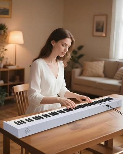 AiJoy 88-Key Piano Keyboard with Semi-Weighted Keys Portable Folding Piano, 128 Tones, Speakers, USB-MIDI, Carry-Bag, Sustain Pedal, Stand Electric Keyboard Piano for Beginners, White thumbnail 9