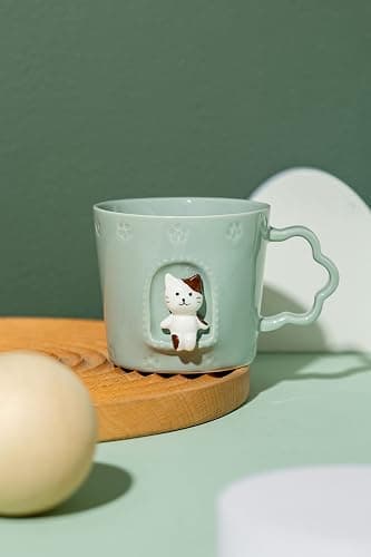 DIHOclub Cat Ceramic Cup Window Animals Mug Cute Cartoon Handmade Figurine Mugs,Holiday and Birthday Gift for Daughter,Son,Kids,9 OZ (Blue) thumbnail 3