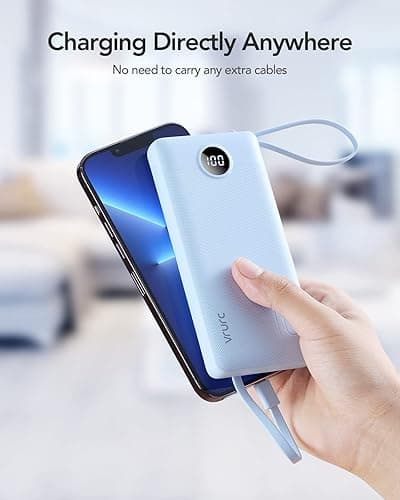 VRURC 10000mAh Power Bank Built-in Cables, Portable Charger with LED Display, Slim Travel Battery Pack with Cords, 5 Output Dual Input Phone Charger for Cell Phone Smart Devcies-Blue(1 Pack) - Blue thumbnail 8