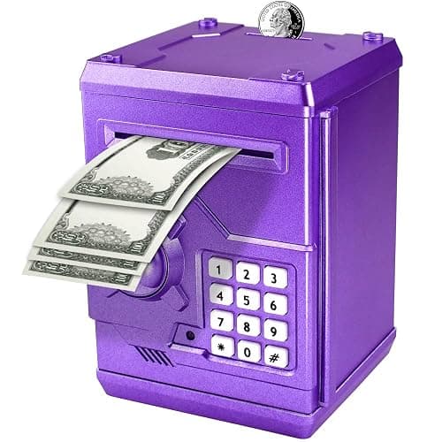 Suliper Electronic Piggy Bank Code Lock for Kids Baby Toy, Mini ATM Safe Coin Cash Banks Real Money Saving Box with Password, Auto Money Scroll for Children,Boys Girls Birthday Gift (Purple) - Image 1