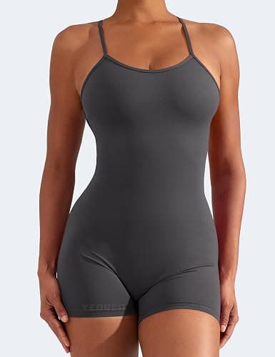 YEOREO Backless Tummy Control Jumpsuits for Women One Piece Workout Jumpsuits Sleeveless V Back Lizvette Scrunch Yoga Rompers - Dark Grey - Small thumbnail 2